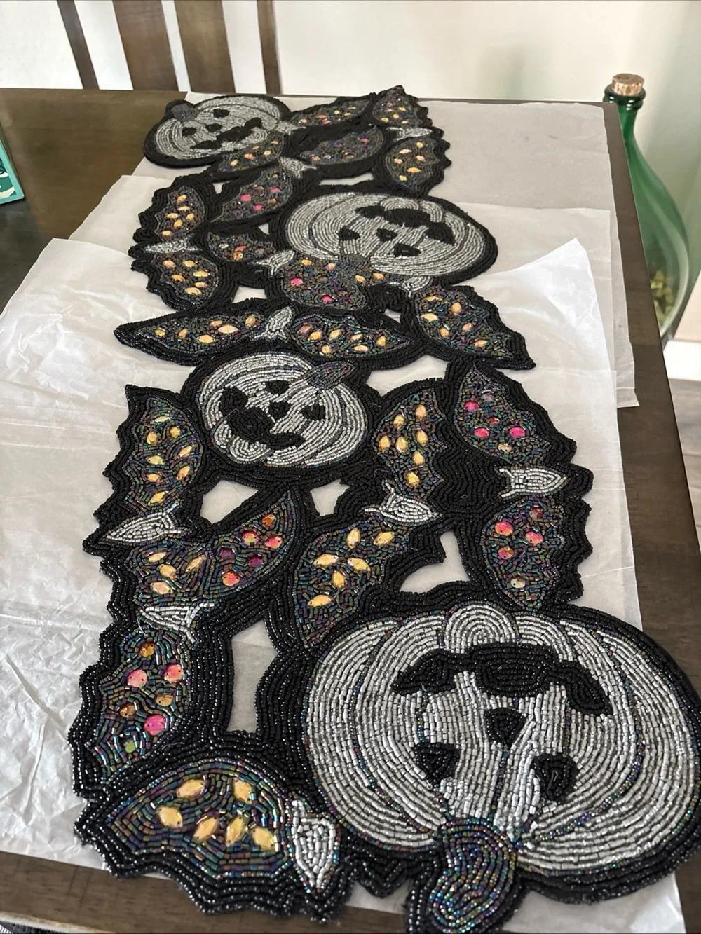 Spooky Halloween Beaded Table Runner Pumpkins Bats 13